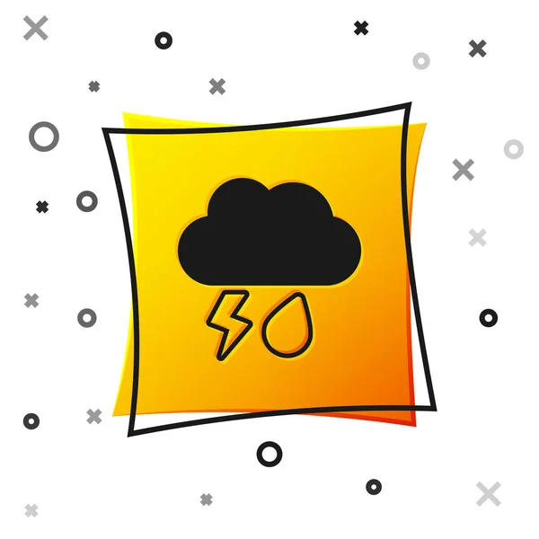 Zwarte Wolk met regen en bliksem pictogram geïsoleerd op witte achtergrond. Regen bewolkt neerslag met regendruppels.Weer pictogram van de storm. Gele vierkante knop. Vector Illustratie — Stockvector