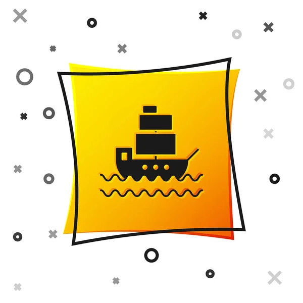白い背景に隔離された黒い船のアイコン。黄色の正方形のボタン。ベクトルイラストレーション — ストックベクタ