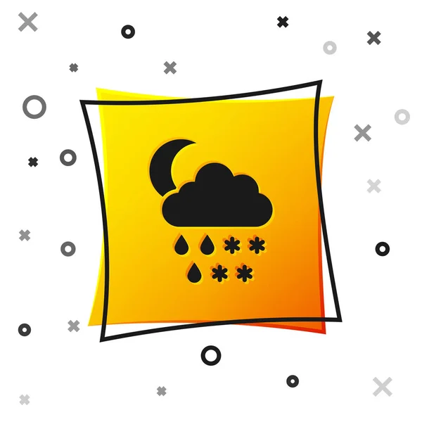 Schwarze Wolke mit Schnee, Regen und Mond-Ikone auf weißem Hintergrund. Wettersymbol. gelber quadratischer Knopf. Vektorillustration — Stockvektor