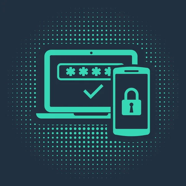 Yeşil çoklu faktör, iki adım kimlik doğrulama simgesi mavi arkaplanda izole edildi. Soyut çember rastgele noktalar. Vektör İllüstrasyonu