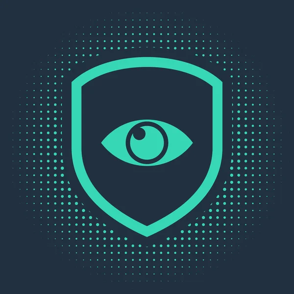Escudo Verde e ícone de olho isolado no fundo azul. Segurança, segurança, proteção, conceito de privacidade. Pontos aleatórios de círculo abstrato. Ilustração vetorial —  Vetores de Stock