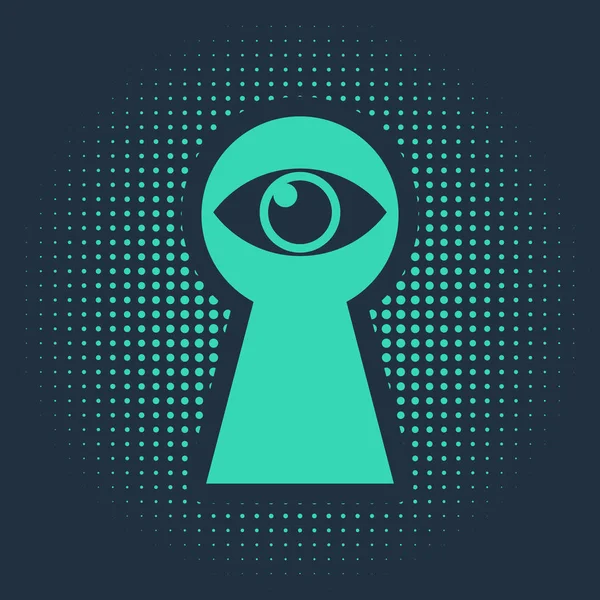 Πράσινη κλειδαρότρυπα με εικονίδιο ματιών που απομονώνεται σε μπλε φόντο. Το μάτι κοιτάζει μέσα στην κλειδαρότρυπα. Μάτι κλειδαρότρυπας. Αφηρημένες τυχαίες τελείες. Εικονογράφηση διανύσματος — Διανυσματικό Αρχείο