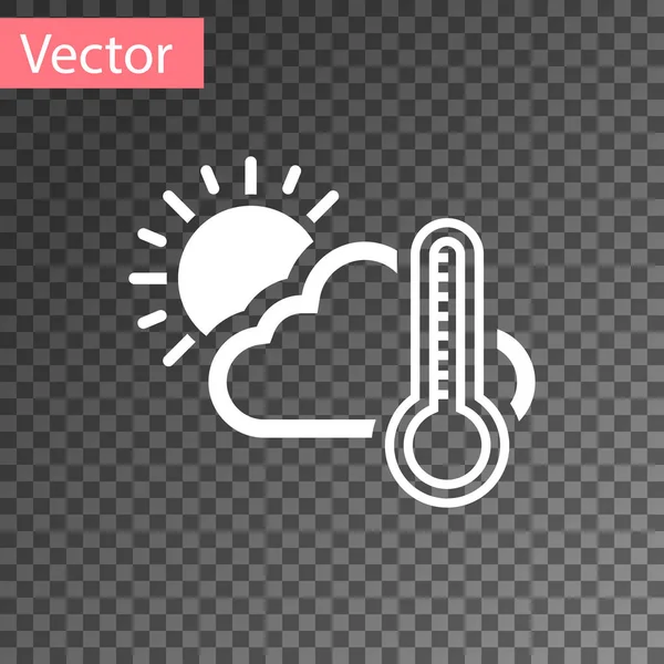 Weißes Thermometer und Wolke mit Sonnensymbol auf transparentem Hintergrund. Vektorillustration — Stockvektor