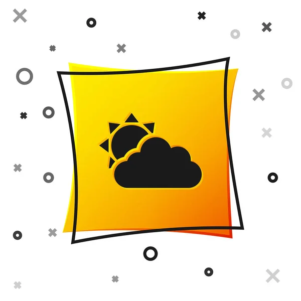 Icono del sol negro y el clima de nubes aislado sobre fondo blanco. Botón cuadrado amarillo. Ilustración vectorial — Archivo Imágenes Vectoriales