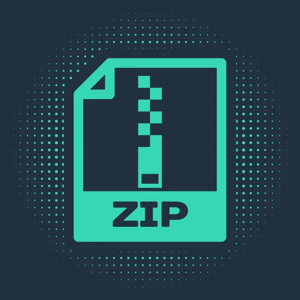 Documento de archivo ZIP verde. Descargar icono de botón zip aislado sobre fondo azul. Símbolo del archivo ZIP. Puntos aleatorios de círculo abstracto. Ilustración vectorial — Vector de stock
