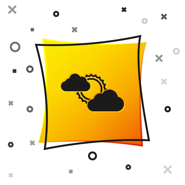 Icono del sol negro y el clima de nubes aislado sobre fondo blanco. Botón cuadrado amarillo. Ilustración vectorial — Archivo Imágenes Vectoriales