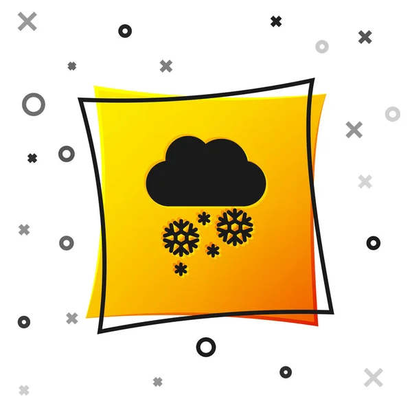 Nube negra con icono de nieve aislado sobre fondo blanco. Nube con copos de nieve. Icono de tiempo único. Signo de niebla. Botón cuadrado amarillo. Ilustración vectorial — Archivo Imágenes Vectoriales