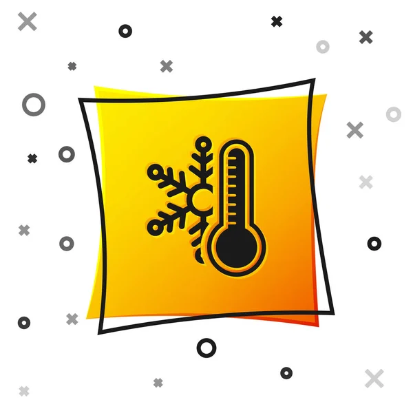 Termómetro negro con icono de copo de nieve aislado sobre fondo blanco. Botón cuadrado amarillo. Ilustración vectorial — Vector de stock