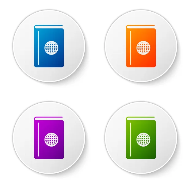 カラーカバーブックトラベルガイドアイコンは、白い背景に隔離されています。円ボタンにアイコンを設定します。ベクターイラスト — ストックベクタ