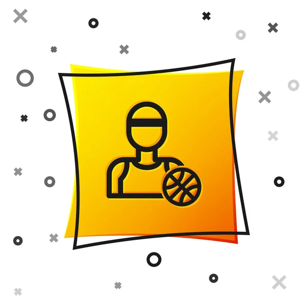 Zwarte basketbalspeler pictogram geïsoleerd op witte achtergrond. Gele vierkante knop. Vector Illustratie — Stockvector