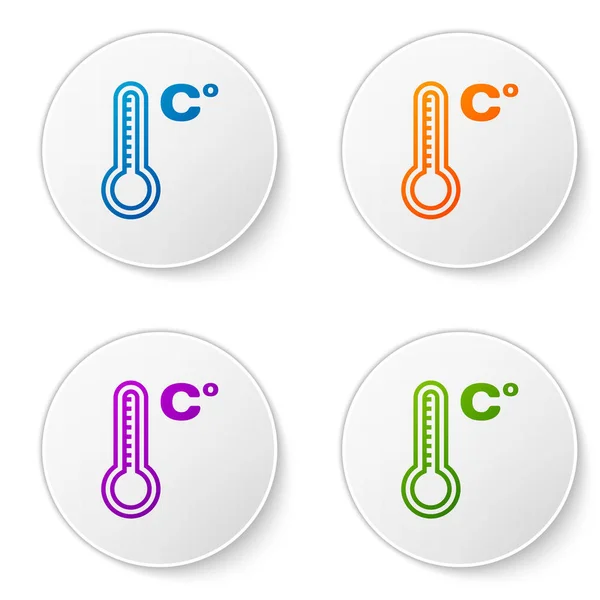 Beyaz arka planda izole edilmiş ısı ve soğuk ikonu ölçen renk meteorolojisi termometresi. Sıcaklık Celsius. Simgeleri daire düğmelerine ayır. Vektör İllüstrasyonu — Stok Vektör