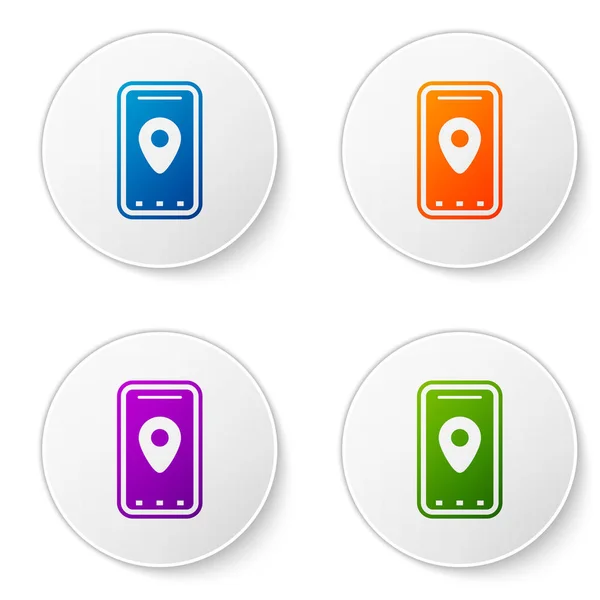 컬러 지도 네비 게이 션의 흰색 배경에 분리 된 도시 지도 네비 게이 션. 모바일 앱 인터페이스 컨셉 디자인. 동질화 개념입니다. 동그라미 버튼에 아이콘을 넣습니다. 벡터 일러스트 — 스톡 벡터