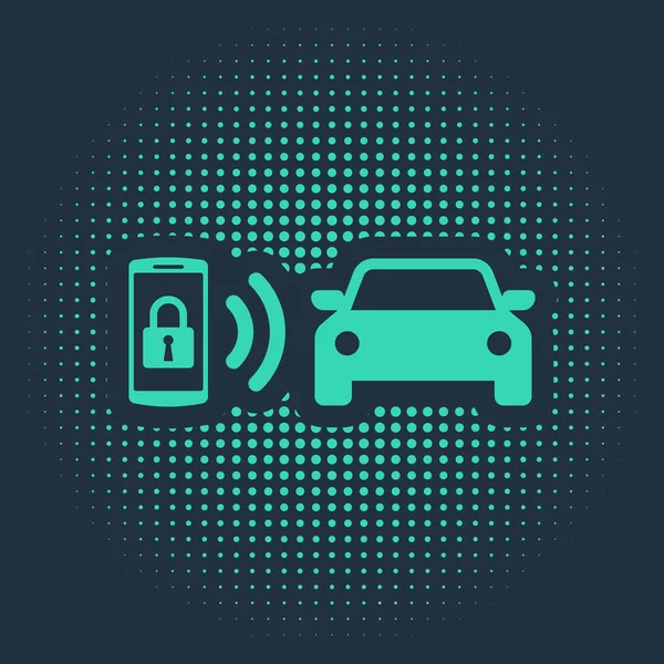 Icono del sistema de alarma Green Smart coche aislado sobre fondo azul. El teléfono inteligente controla la seguridad del coche en el inalámbrico. Puntos aleatorios de círculo abstracto. Ilustración vectorial — Archivo Imágenes Vectoriales