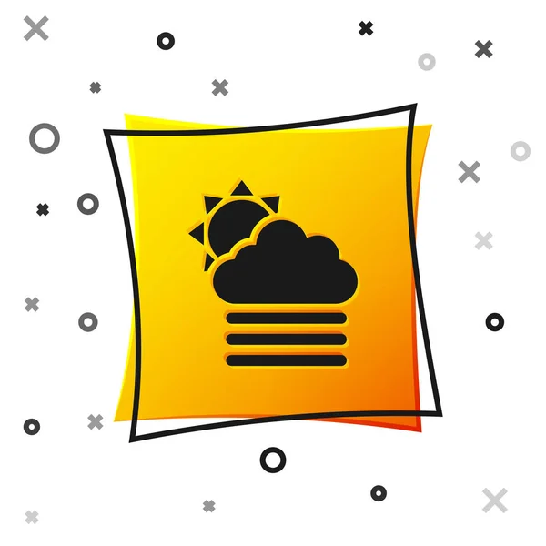Fekete köd és felhő a nap ikon elszigetelt fehér háttér. Sárga négyzet gomb. Vektorillusztráció — Stock Vector