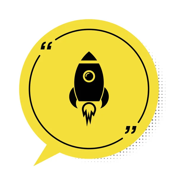 Black Rocket ship with fire icon isolated on white background. Space travel. Yellow speech bubble symbol. Vector Illustration