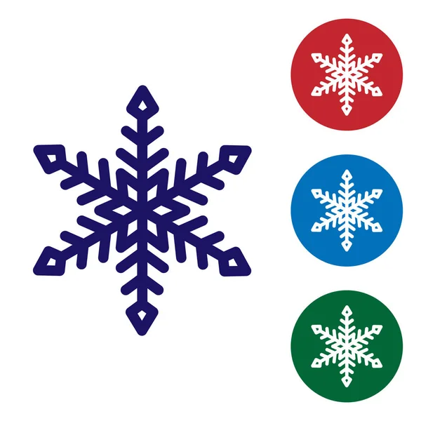 Μπλε νιφάδα χιονιού απομονωμένη σε λευκό φόντο. Ορισμός εικονιδίων χρώματος σε κουμπιά κύκλου. Εικονογράφηση διανύσματος — Διανυσματικό Αρχείο