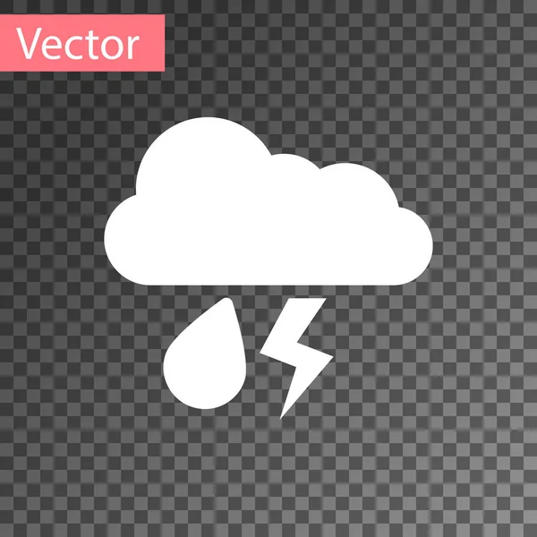 Nuage blanc avec la pluie et l'icône de la foudre isolé sur fond transparent. Précipitations de nuages de pluie avec gouttes de pluie.Icône météorologique de la tempête. Illustration vectorielle — Image vectorielle