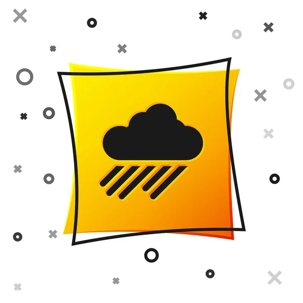 Nube negra con icono de lluvia aislado sobre fondo blanco. precipitación de nubes de lluvia con gotas de lluvia. Botón cuadrado amarillo. Ilustración vectorial — Vector de stock