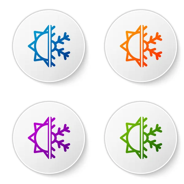 Χρώμα Hot και κρύο σύμβολο. Ήλιος και νιφάδες χιονιού απομονώνονται σε λευκό φόντο. Χειμερινό και καλοκαιρινό σύμβολο. Ορισμός εικονιδίων σε κουμπιά κύκλου. Εικονογράφηση διανύσματος — Διανυσματικό Αρχείο