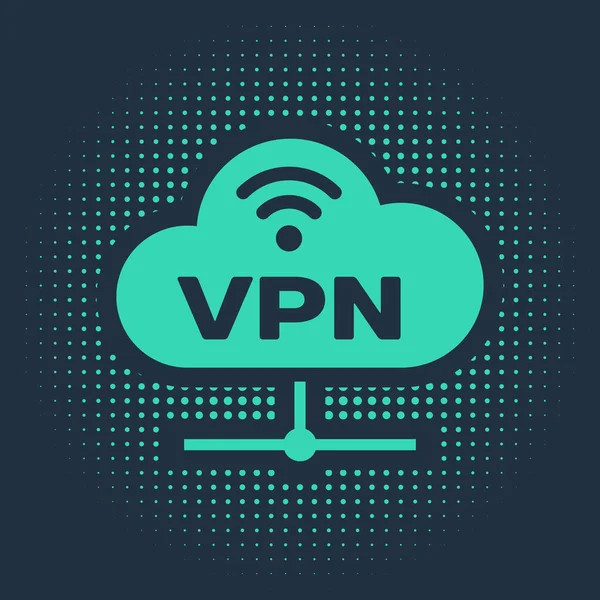 Ícone de conexão de nuvem de rede VPN verde isolado em fundo azul. Tecnologia social. Conceito de computação em nuvem. Pontos aleatórios de círculo abstrato. Ilustração vetorial — Vetor de Stock