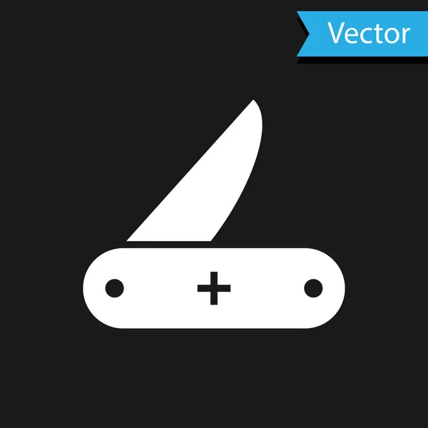 Weißes Schweizer Taschenmesser-Symbol isoliert auf schwarzem Hintergrund. Multifunktionswerkzeug, Mehrzweckmesser. Multifunktionswerkzeug. Vektorillustration — Stockvektor