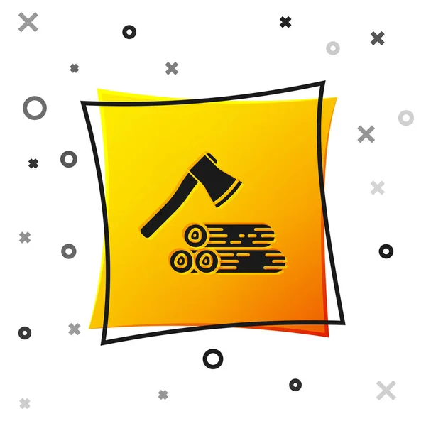 Black Wooden axe and wood icon isolated on white background. Lumberjack axe. Yellow square button. Vector Illustration — Stock Vector