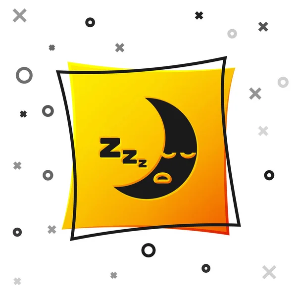 白い背景に黒い月のアイコンが隔離されています。曇った夜の看板。睡眠夢のシンボル。夜やベッドの時刻表示。黄色い四角形のボタン。ベクターイラスト — ストックベクタ