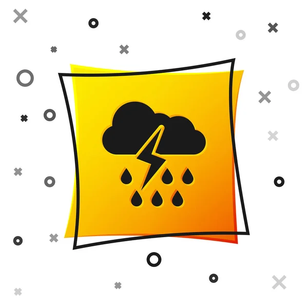 Siyah Bulut, beyaz arka planda izole edilmiş yağmur ve şimşek ikonu. Yağmur damlalı yağmur bulutu yağışı. Fırtına ikonu. Sarı kare düğme. Vektör İllüstrasyonu — Stok Vektör