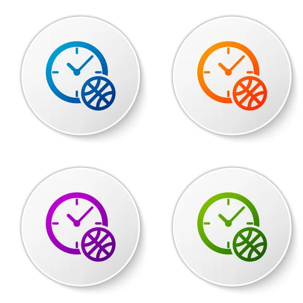 Horloge couleur avec ballon de basket à l'intérieur icône isolée sur fond blanc. C'est l'heure du basket. Sport et entraînement. Définir des icônes dans les boutons cercle. Illustration vectorielle — Image vectorielle
