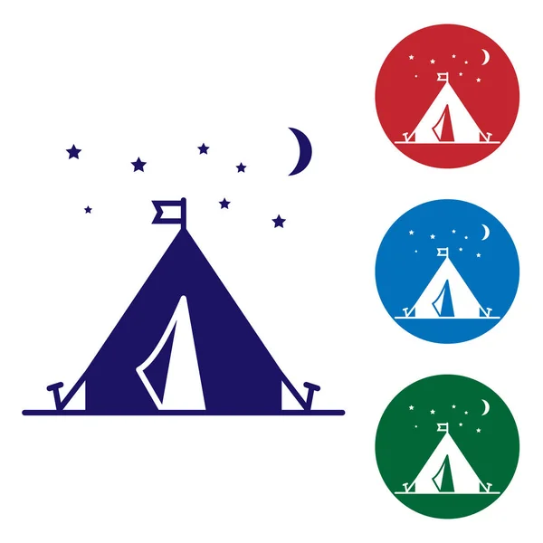 Tienda Turística Azul con icono de bandera aislado sobre fondo blanco. Símbolo camping. Establecer iconos de color en botones de círculo. Ilustración vectorial — Vector de stock