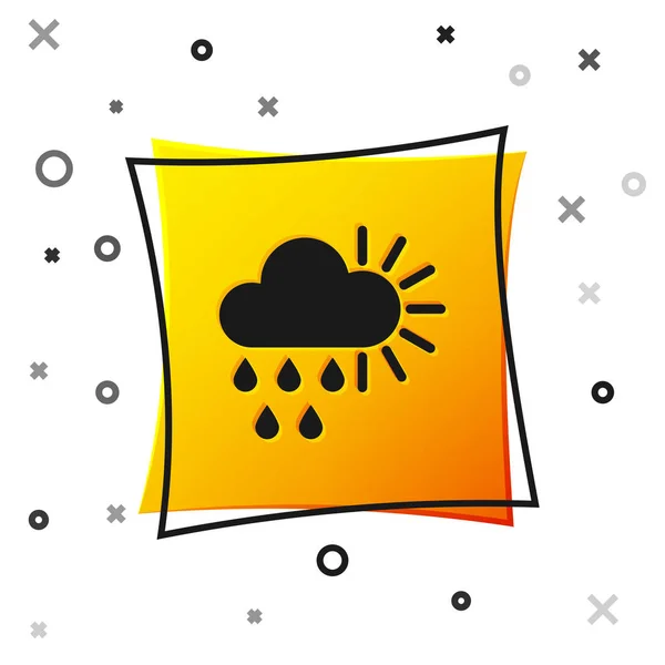 Zwart Bewolkt met regen en zon pictogram geïsoleerd op witte achtergrond. Regenwolk neerslag met regendruppels. Gele vierkante knop. Vector Illustratie — Stockvector