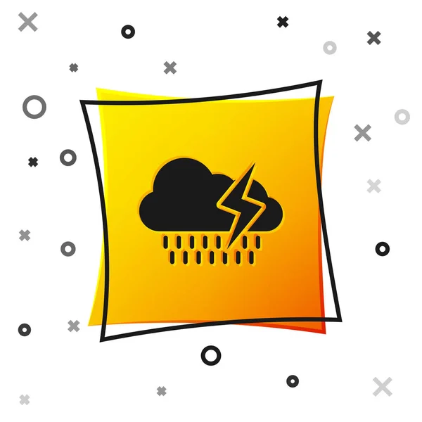 Nube negra con la lluvia y relámpago icono aislado sobre fondo blanco. Precipitación de nubes de lluvia con gotas de lluvia.Icono meteorológico de la tormenta. Botón cuadrado amarillo. Ilustración vectorial — Archivo Imágenes Vectoriales