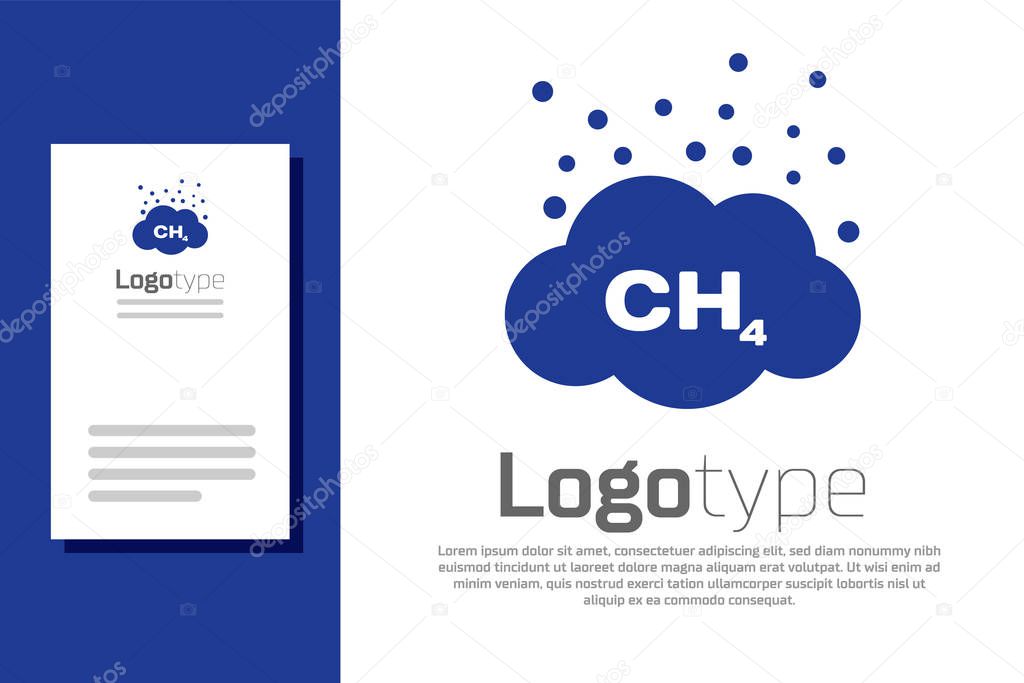Blue Methane emissions reduction icon isolated on white background. CH4 molecule model and chemical formula. Marsh gas. Natural gas. Logo design template element. Vector Illustration
