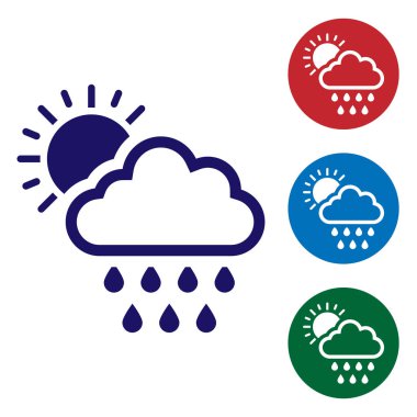 Beyaz zemin üzerinde yağmur ve güneş ikonu olan Mavi Bulut. Yağmur damlaları ile yağmur bulutu yağışı. Renk simgelerini daire düğmelerine ayır. Vektör İllüstrasyonu