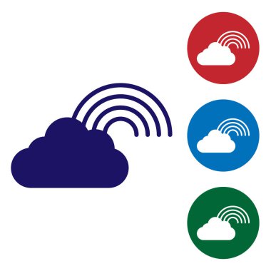Beyaz arkaplanda bulutlu ikon olan mavi gökkuşağı. Renk simgelerini daire düğmelerine ayır. Vektör İllüstrasyonu