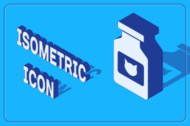Isometric Kedi İlaç Şişesi ikonu mavi arka planda izole edilmiş. İçinde haplar olan konteynır. Hayvan için reçeteli ilaç. Vektör İllüstrasyonu