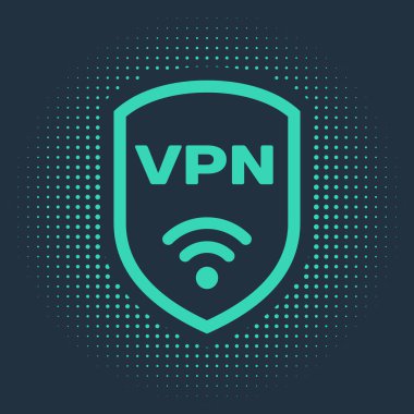 Vpn 'li Yeşil Kalkan ve kablosuz internet ağı sembolü mavi arkaplanda izole edilmiş. VPN güvenlik kavramını koruyor. Soyut çember rastgele noktalar. Vektör İllüstrasyonu