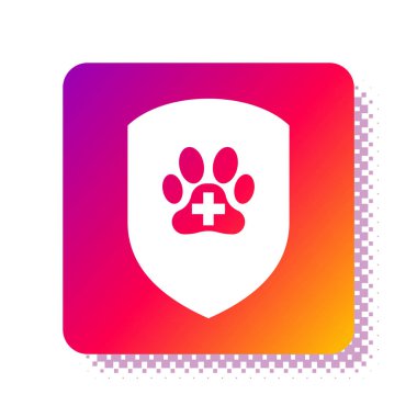 Beyaz Hayvan Sağlık Sigortası ikonu beyaz arka planda izole edildi. Hayvan koruma ikonu. Köpek ya da kedi pençesi izi. Kare renk düğmesi. Vektör İllüstrasyonu