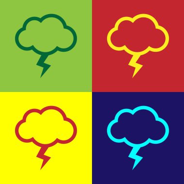Renk arkaplanında renk fırtınası simgesi izole edildi. Bulut ve şimşek işareti. Fırtınanın hava durumu ikonu. Vektör İllüstrasyonu