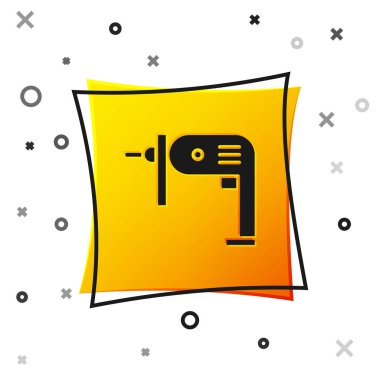 Siyah elektrikli matkap simgesi beyaz arkaplanda izole edildi. Tamir aleti. Sarı kare düğme. Vektör İllüstrasyonu