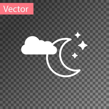 Ay ve yıldız ikonuna sahip beyaz bulut şeffaf arkaplanda izole edilmiş. Bulutlu gece işareti. Uyku rüyalarının sembolü. Gece ya da yatak zamanı tabelası. Vektör İllüstrasyonu