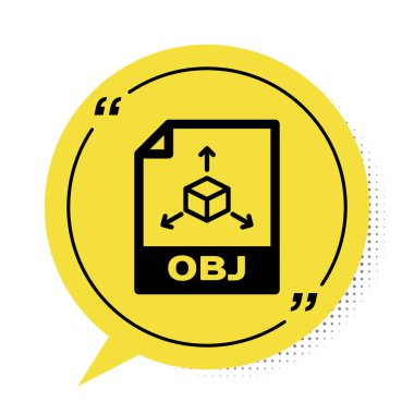 Black Obj dosyası. Obj düğmesi simgesi beyaz arkaplanda izole edildi. Obj dosya sembolü. Sarı konuşma balonu sembolü. Vektör İllüstrasyonu