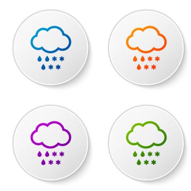 Beyaz zemin üzerinde kar ve yağmur ikonu olan renkli bulut. Hava durumu simgesi. Simgeleri daire düğmelerine ayır. Vektör İllüstrasyonu