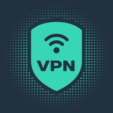 Vpn 'li Yeşil Kalkan ve kablosuz internet ağı sembolü mavi arkaplanda izole edilmiş. VPN güvenlik kavramını koruyor. Soyut çember rastgele noktalar. Vektör İllüstrasyonu