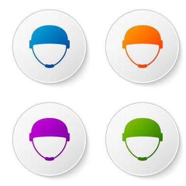 Beyaz arka planda izole edilmiş renkli askeri başlık simgesi. Ordu şapkasının savunma ve koruma sembolü. Koruyucu şapka. Simgeleri daire düğmelerine ayır. Vektör İllüstrasyonu