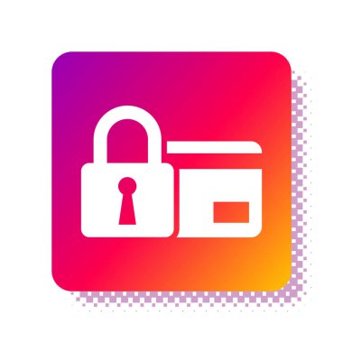 Beyaz arka planda kilit simgesi olan beyaz kredi kartı. Kilitli banka kartı. Güvenlik, güvenlik, koruma kavramı. Güvenli ödeme kavramı. Kare renk düğmesi. Vektör İllüstrasyonu