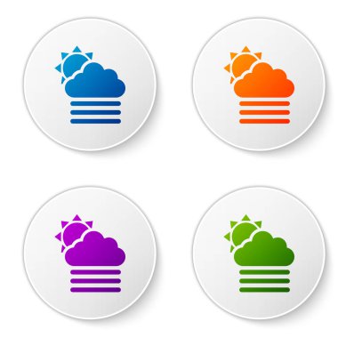 Beyaz zemin üzerinde güneş ikonu olan renkli sis ve bulut. Simgeleri daire düğmelerine ayır. Vektör İllüstrasyonu