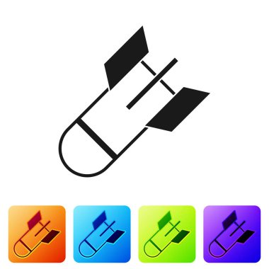 Siyah Havacılık bomba ikonu beyaz arka planda izole edildi. Roket bombası düşüyor. Renkli kare düğmelerle simgeleri ayarla. Vektör İllüstrasyonu