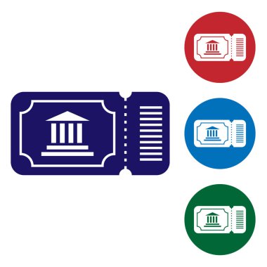 Mavi Müze bileti simgesi beyaz arka planda izole edildi. Tarih müzesi bileti etkinliği sergi gezisini kabul ediyor. Renk simgelerini daire düğmelerine ayır. Vektör İllüstrasyonu