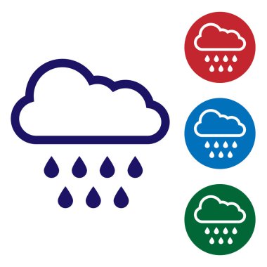 Beyaz arka planda izole edilmiş yağmur ikonu olan Mavi Bulut. Yağmur damlaları ile yağmur bulutu yağışı. Renk simgelerini daire düğmelerine ayır. Vektör İllüstrasyonu